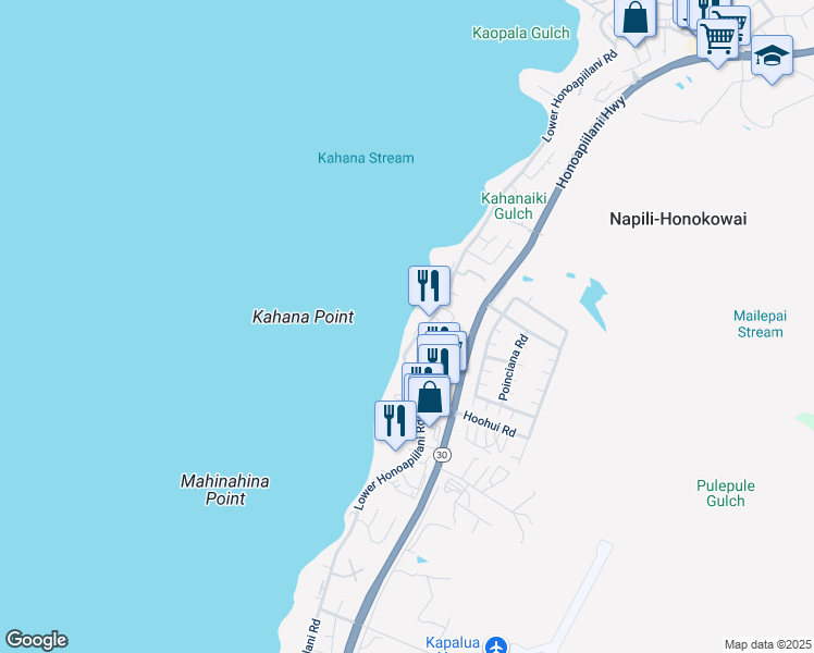 map of restaurants, bars, coffee shops, grocery stores, and more near 4471 Lower Honoapiilani Road in Lahaina