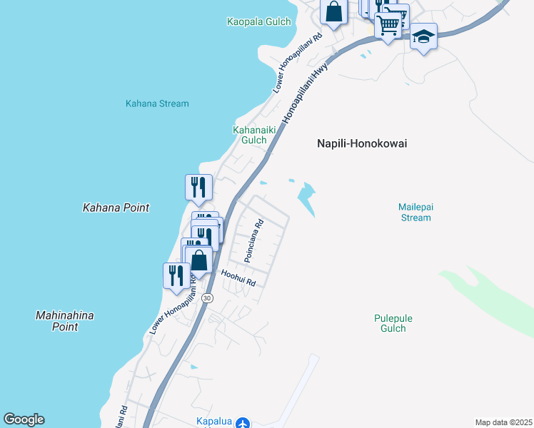 map of restaurants, bars, coffee shops, grocery stores, and more near 105 Kahana Nui Road in Lahaina
