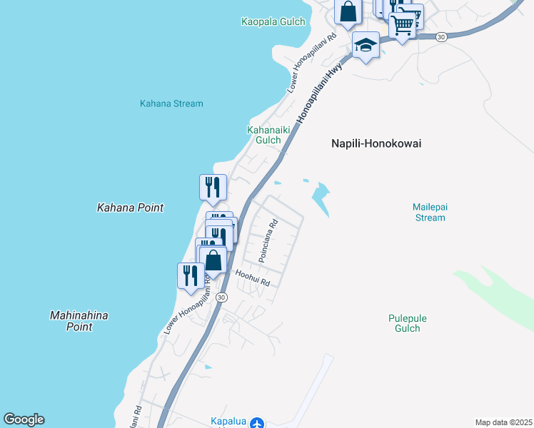 map of restaurants, bars, coffee shops, grocery stores, and more near 84 Kahana Nui Road in Lahaina