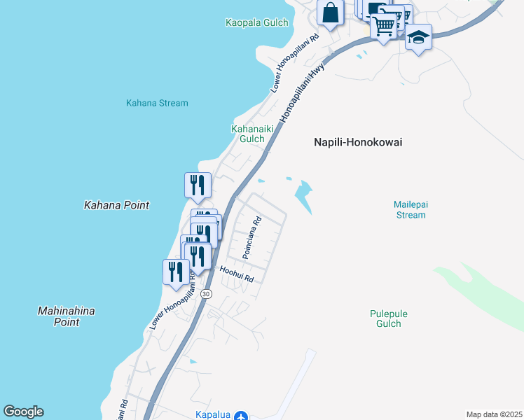map of restaurants, bars, coffee shops, grocery stores, and more near 105 Kahana Nui Road in Lahaina