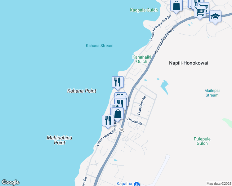map of restaurants, bars, coffee shops, grocery stores, and more near 4471 Lower Honoapiilani Road in Lahaina