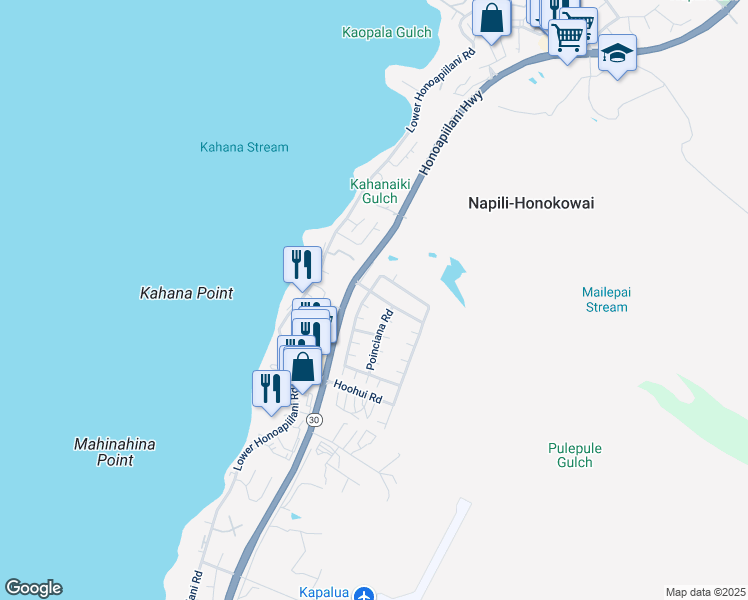 map of restaurants, bars, coffee shops, grocery stores, and more near 78 Kahana Nui Road in Lahaina