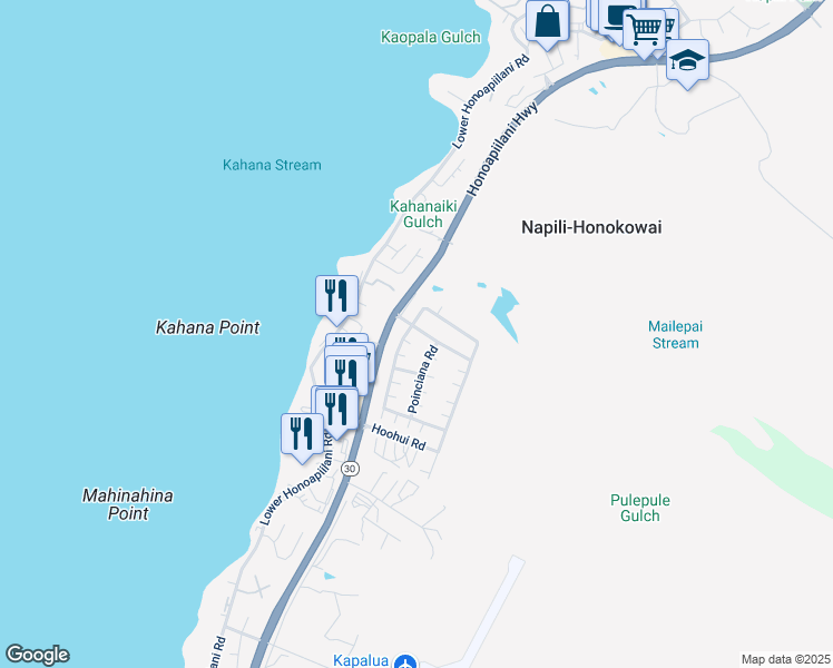 map of restaurants, bars, coffee shops, grocery stores, and more near 78 Kahana Nui Road in Lahaina
