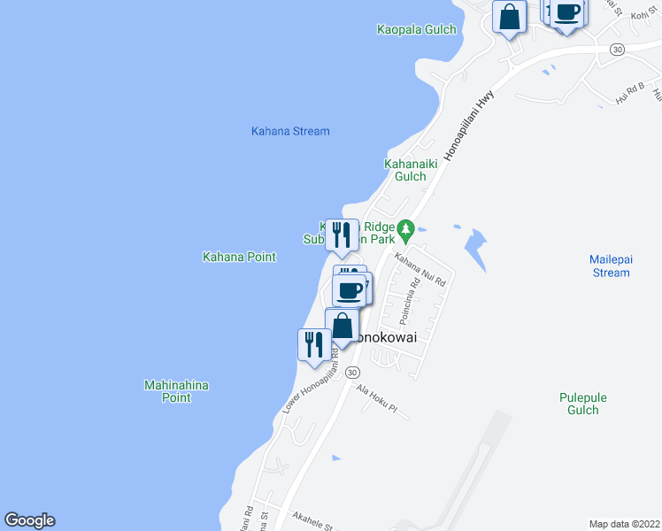 map of restaurants, bars, coffee shops, grocery stores, and more near 4474 Lower Honoapiilani Road in Lahaina