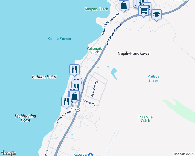 map of restaurants, bars, coffee shops, grocery stores, and more near 99 Kahana Nui Road in Lahaina