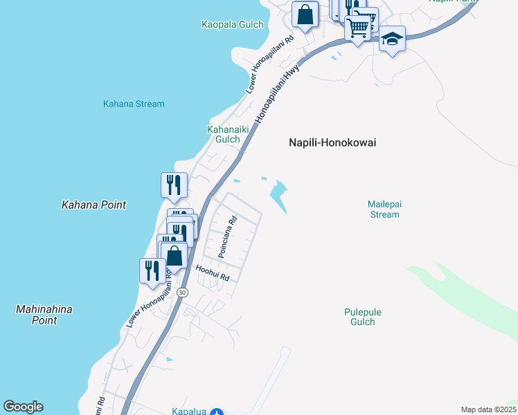 map of restaurants, bars, coffee shops, grocery stores, and more near 184 Kahana Ridge Drive in Lahaina
