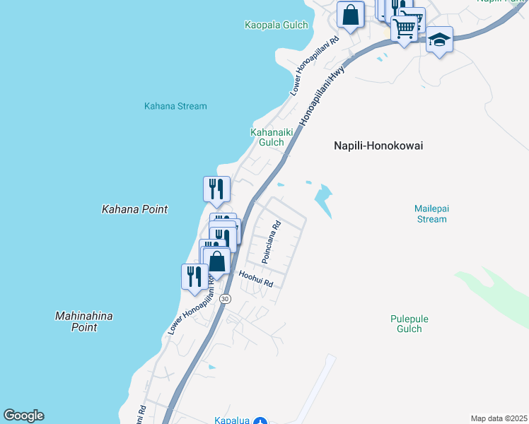 map of restaurants, bars, coffee shops, grocery stores, and more near 275 Kahana Ridge Drive in Lahaina
