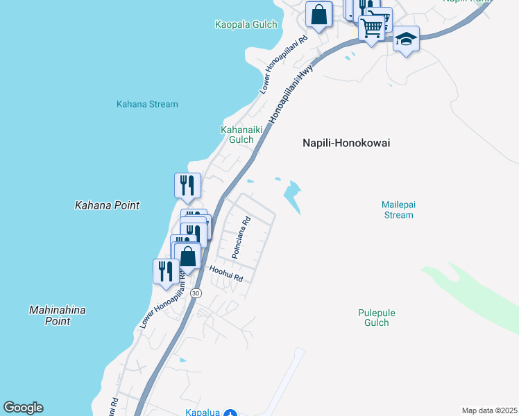 map of restaurants, bars, coffee shops, grocery stores, and more near 207 Kahana Ridge Drive in Lahaina