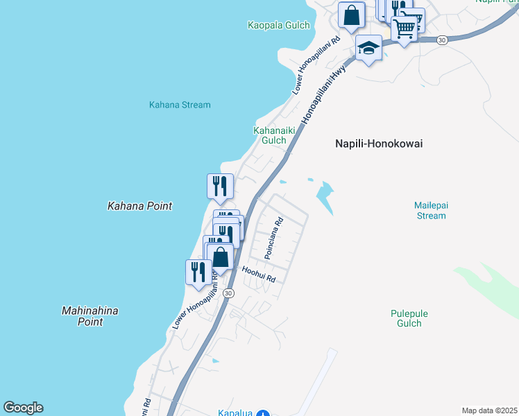 map of restaurants, bars, coffee shops, grocery stores, and more near 284 Kahana Ridge Drive in Lahaina