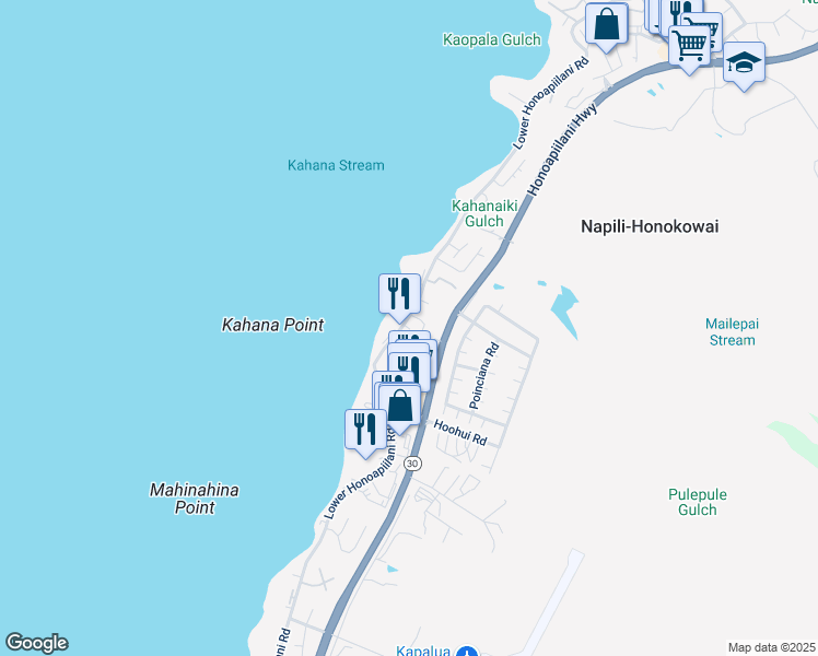 map of restaurants, bars, coffee shops, grocery stores, and more near Lower Honoapiilani Road in Lahaina