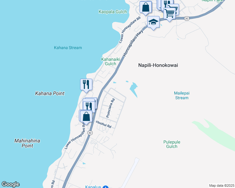 map of restaurants, bars, coffee shops, grocery stores, and more near 207 Kahana Ridge Drive in Lahaina