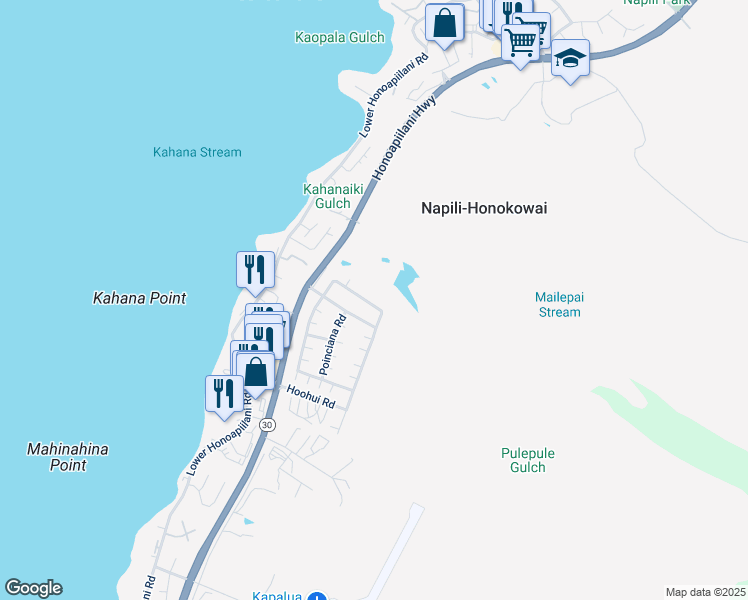 map of restaurants, bars, coffee shops, grocery stores, and more near 184 Kahana Ridge Drive in Lahaina
