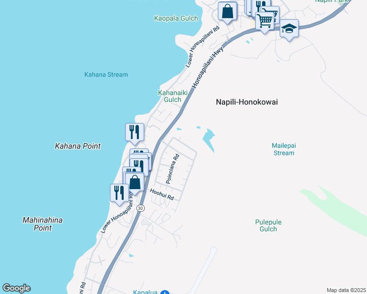 map of restaurants, bars, coffee shops, grocery stores, and more near 207 Kahana Ridge Drive in Lahaina
