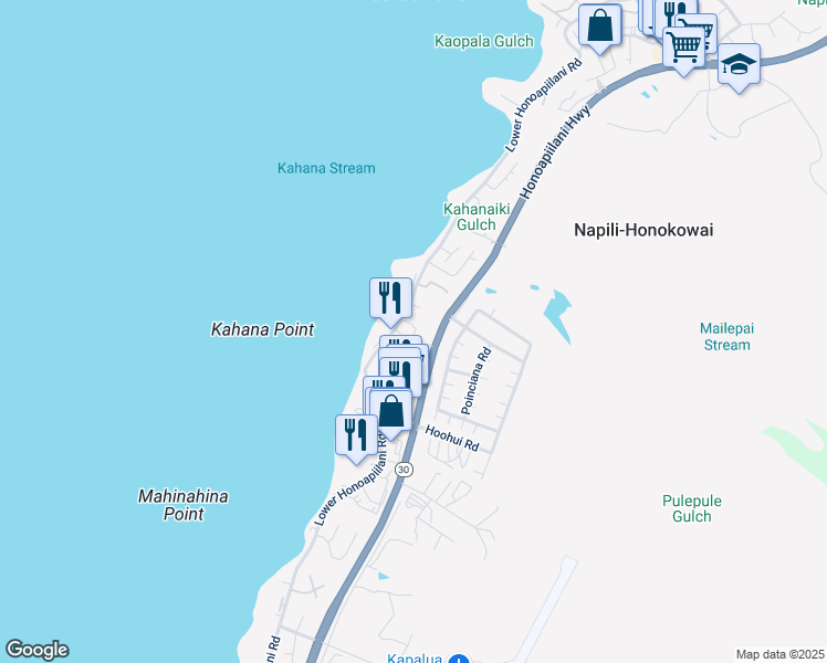 map of restaurants, bars, coffee shops, grocery stores, and more near 20 Kohulike Way in Lahaina