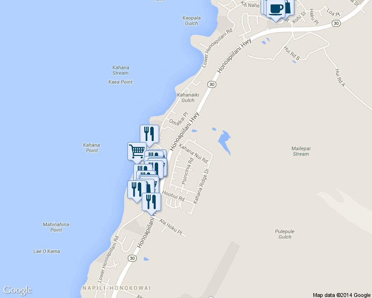 map of restaurants, bars, coffee shops, grocery stores, and more near 75 Kahana Nui Road in Lahaina
