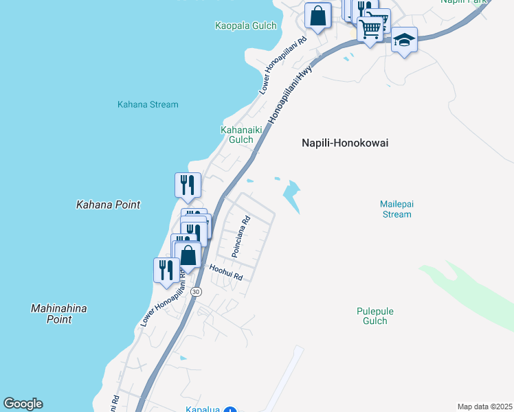 map of restaurants, bars, coffee shops, grocery stores, and more near 207 Kahana Ridge Drive in Lahaina
