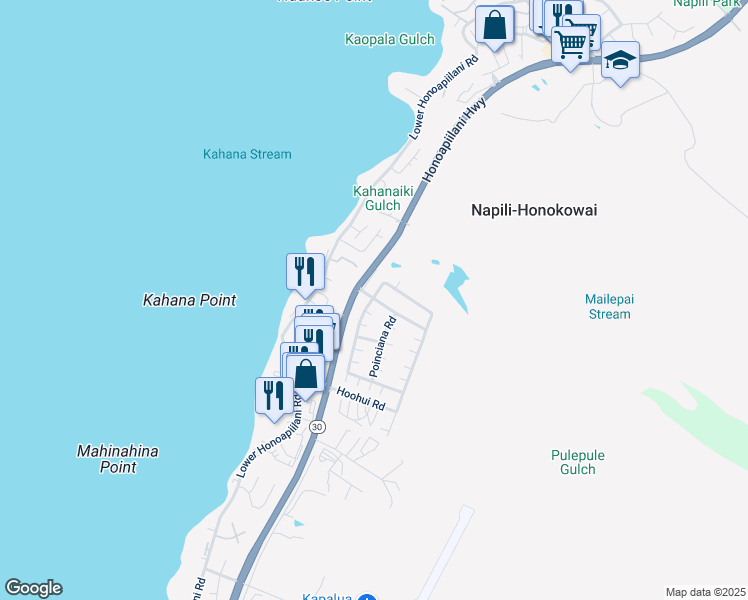 map of restaurants, bars, coffee shops, grocery stores, and more near 72 Kahana Nui Road in Lahaina