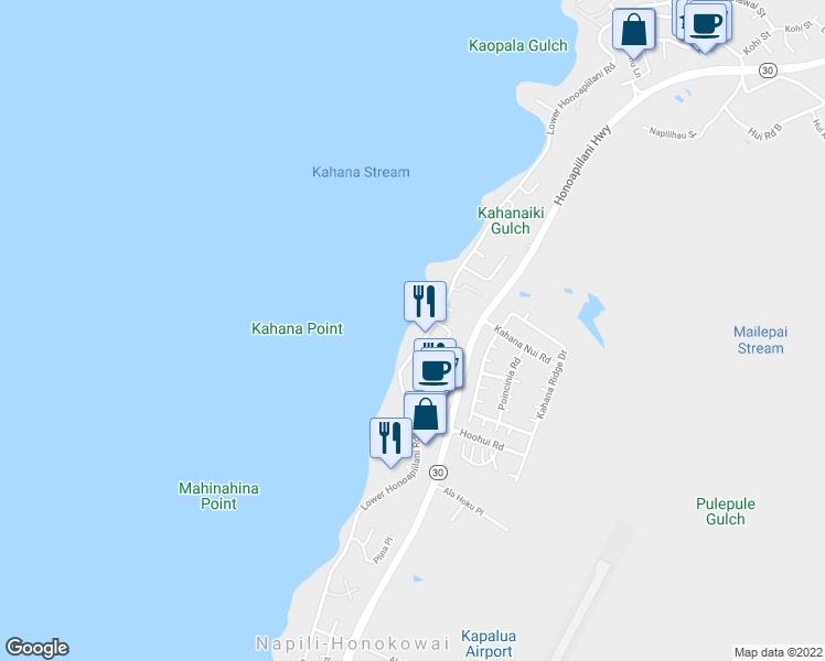 map of restaurants, bars, coffee shops, grocery stores, and more near 4471 Lower Honoapiilani Road in Lahaina