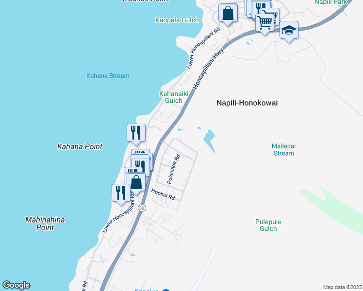 map of restaurants, bars, coffee shops, grocery stores, and more near 225 Kahana Ridge Drive in Lahaina