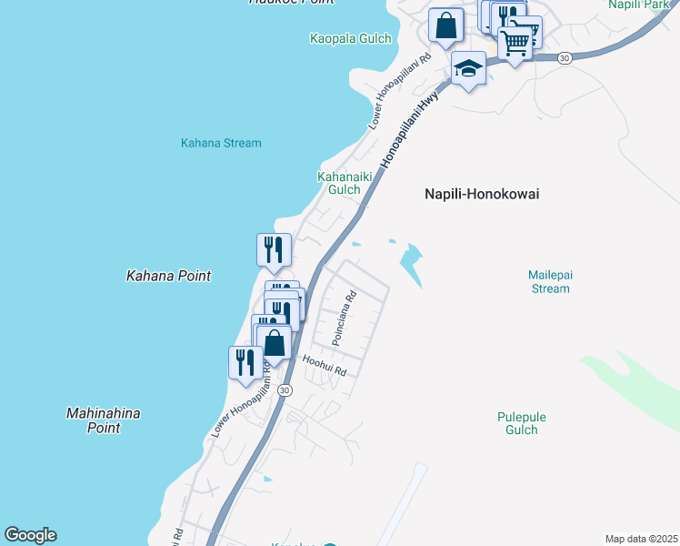 map of restaurants, bars, coffee shops, grocery stores, and more near 75 Kahana Nui Road in Lahaina