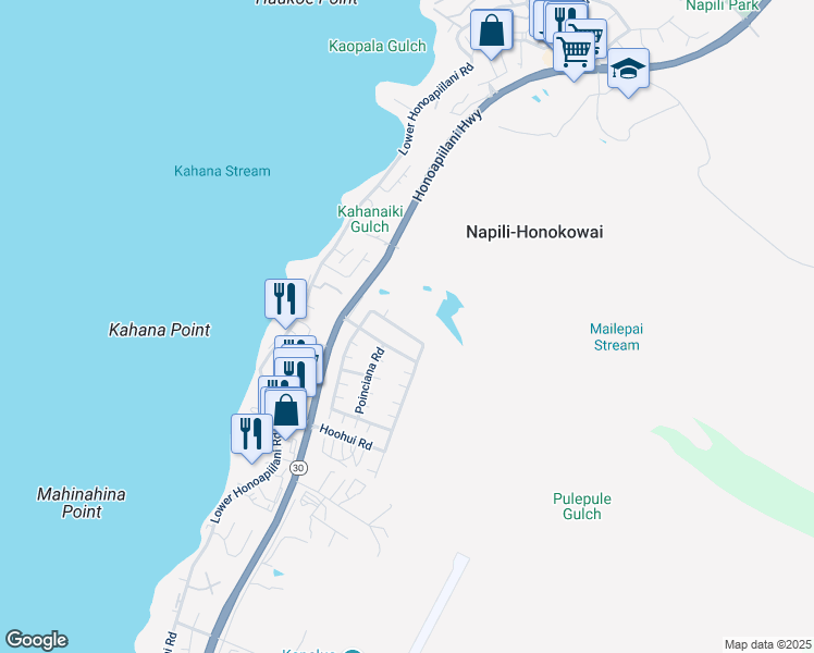 map of restaurants, bars, coffee shops, grocery stores, and more near 202 Kahana Ridge Drive in Lahaina