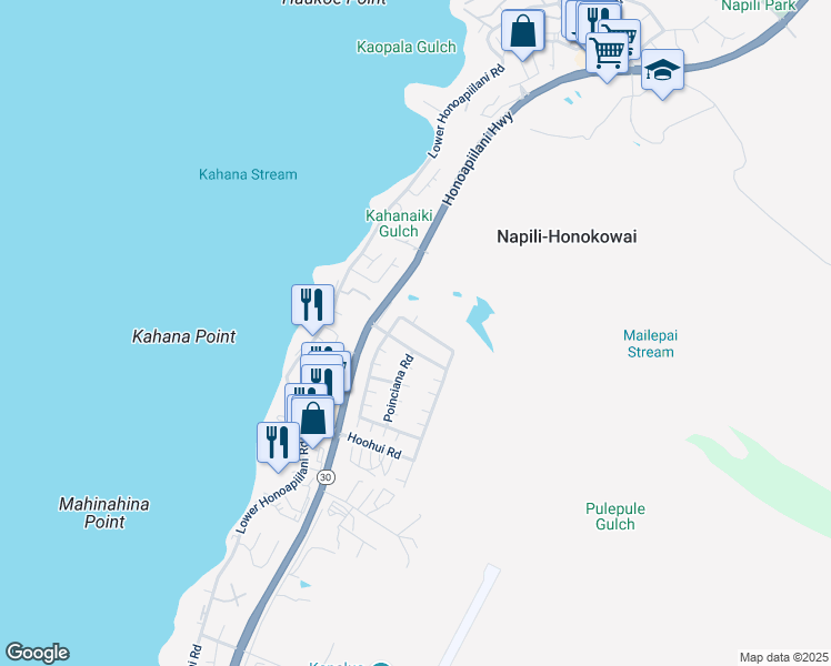 map of restaurants, bars, coffee shops, grocery stores, and more near 225 Kahana Ridge Drive in Lahaina