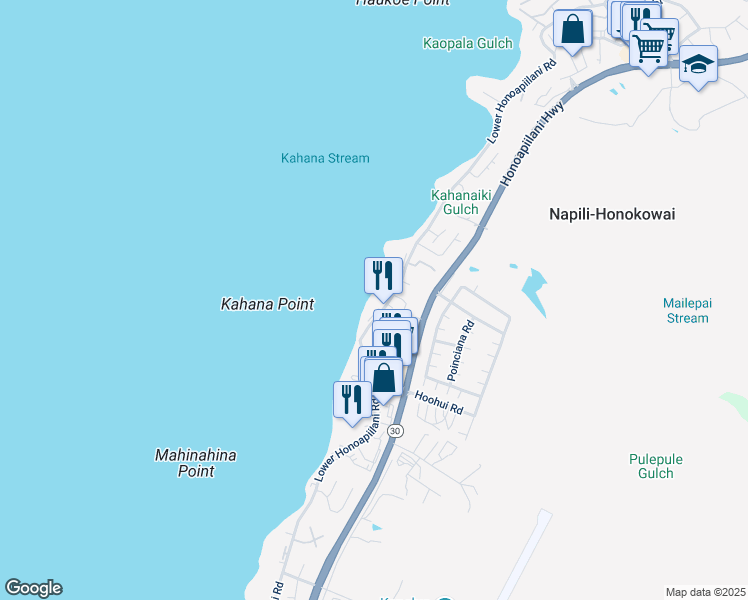 map of restaurants, bars, coffee shops, grocery stores, and more near 4471 Lower Honoapiilani Road in Lahaina