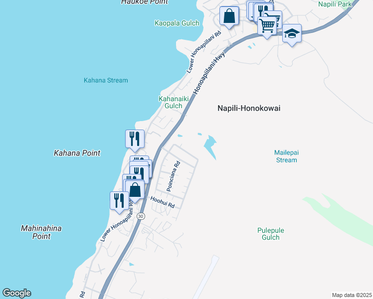 map of restaurants, bars, coffee shops, grocery stores, and more near 214 Kahana Ridge Drive in Lahaina