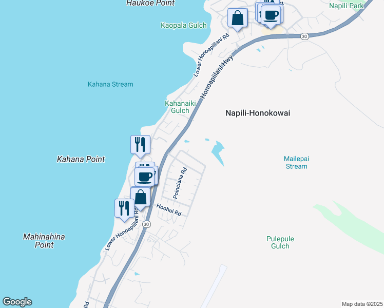 map of restaurants, bars, coffee shops, grocery stores, and more near 214 Kahana Ridge Drive in Lahaina