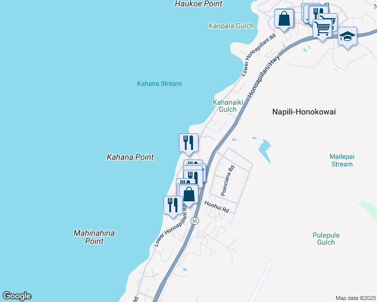map of restaurants, bars, coffee shops, grocery stores, and more near 4521 Lower Honoapiilani Road in Lahaina