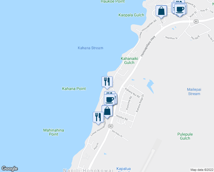 map of restaurants, bars, coffee shops, grocery stores, and more near 4521 Lower Honoapiilani Road in Lahaina