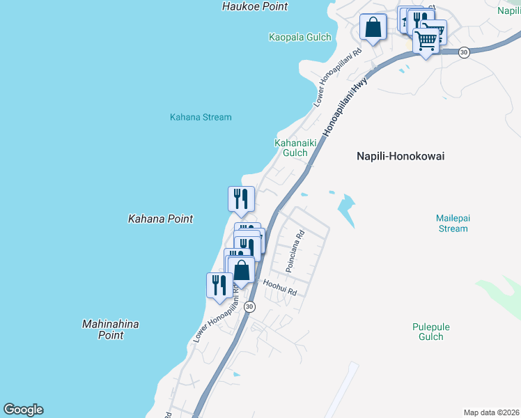 map of restaurants, bars, coffee shops, grocery stores, and more near 4540 Lower Honoapiilani Road in Lahaina