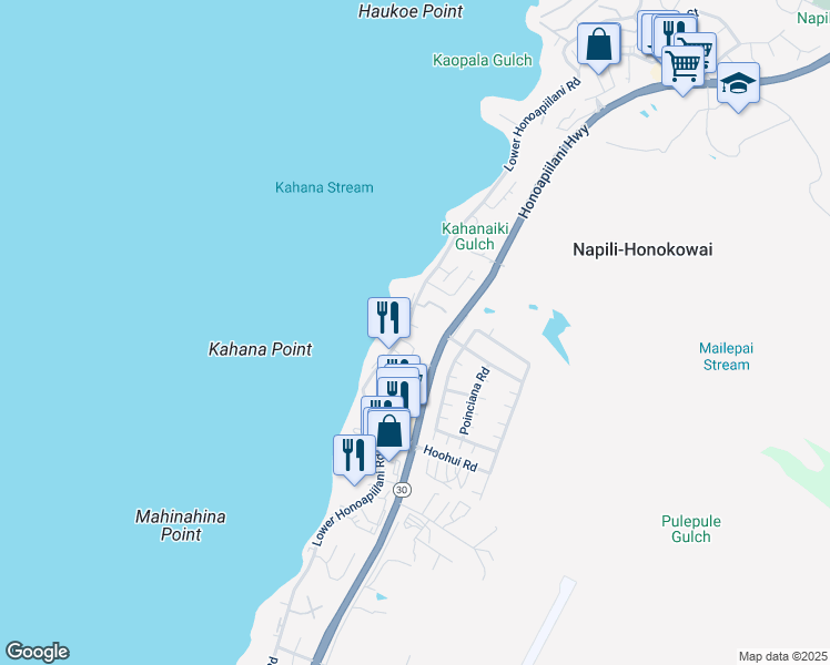 map of restaurants, bars, coffee shops, grocery stores, and more near 4536 Lower Honoapiilani Road in Lahaina