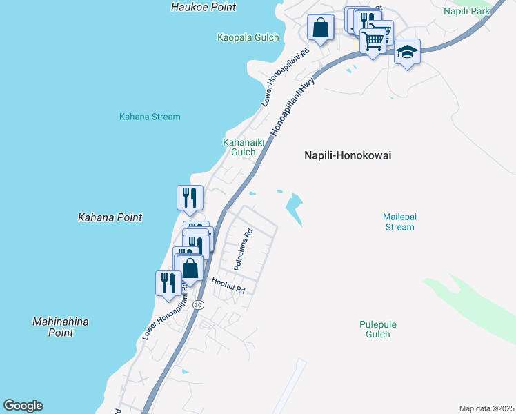 map of restaurants, bars, coffee shops, grocery stores, and more near 12 Areca Place in Lahaina
