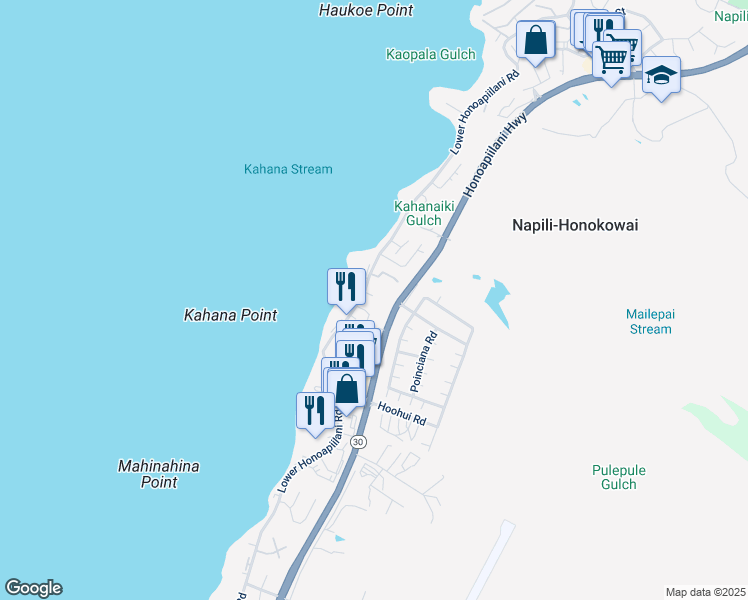 map of restaurants, bars, coffee shops, grocery stores, and more near 4540 Lower Honoapiilani Road in Lahaina