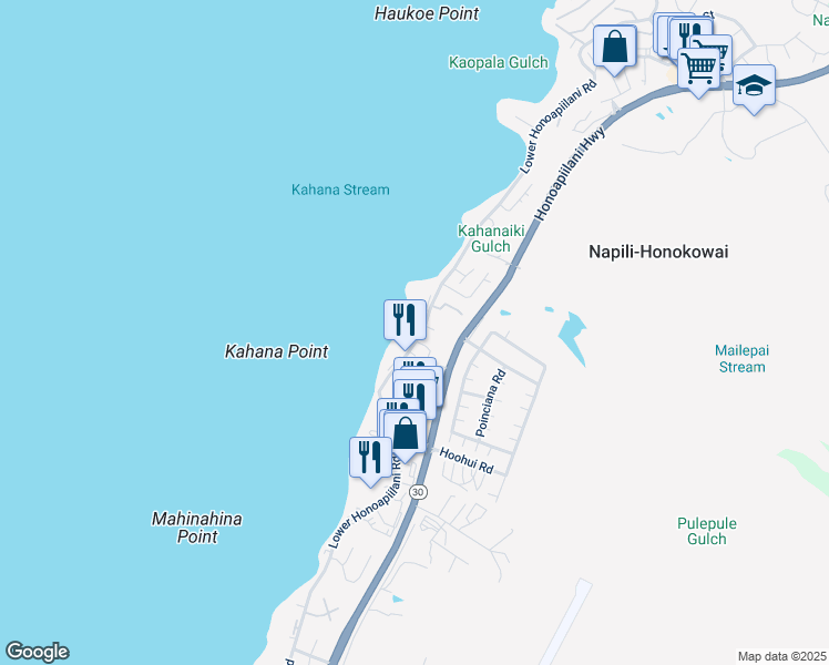 map of restaurants, bars, coffee shops, grocery stores, and more near 4521 Lower Honoapiilani Road in Lahaina