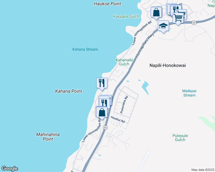 map of restaurants, bars, coffee shops, grocery stores, and more near 4530 Lower Honoapiilani Road in Lahaina