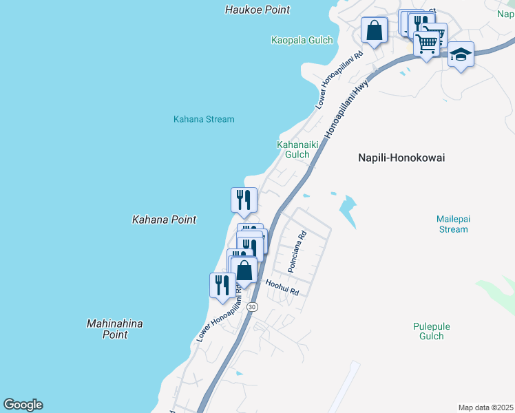 map of restaurants, bars, coffee shops, grocery stores, and more near 4530 Lower Honoapiilani Road in Lahaina