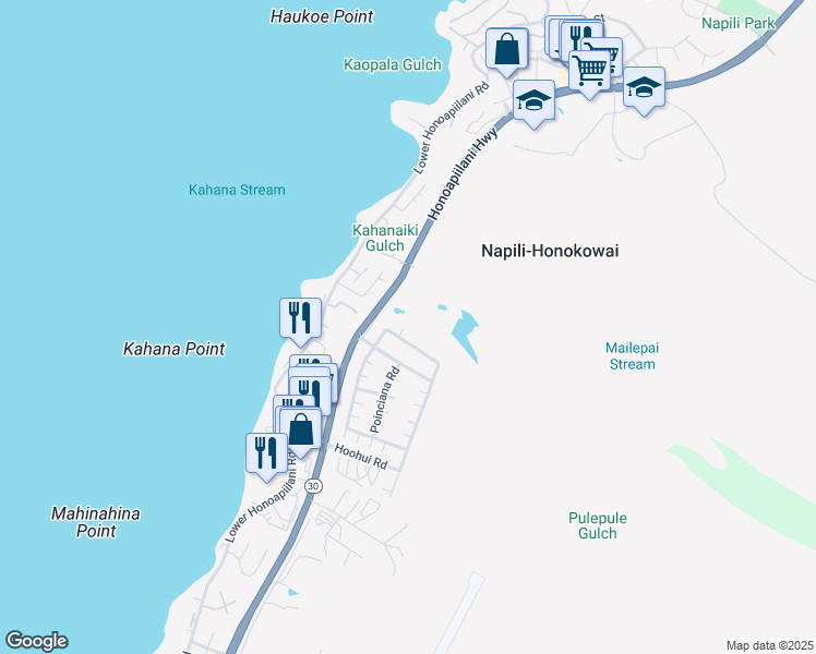 map of restaurants, bars, coffee shops, grocery stores, and more near 18 Areca Place in Lahaina