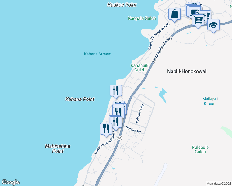 map of restaurants, bars, coffee shops, grocery stores, and more near 4521 Lower Honoapiilani Road in Lahaina
