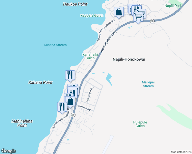 map of restaurants, bars, coffee shops, grocery stores, and more near 18 Areca Place in Lahaina