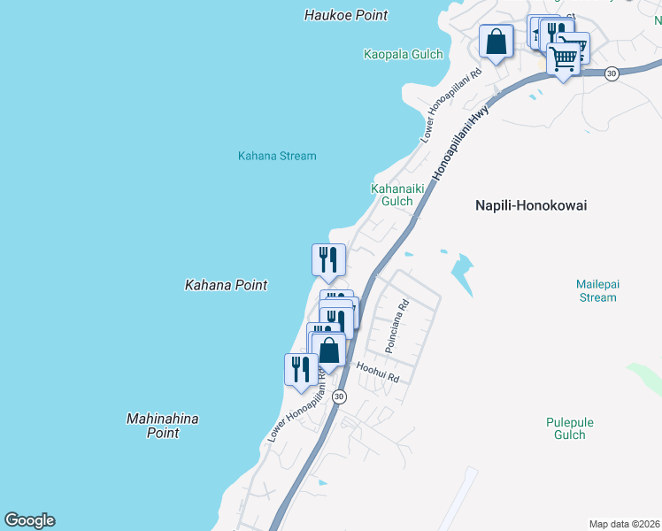 map of restaurants, bars, coffee shops, grocery stores, and more near 4521 Lower Honoapiilani Road in Lahaina