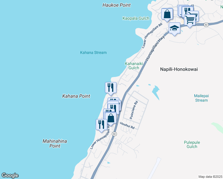 map of restaurants, bars, coffee shops, grocery stores, and more near 4521 Lower Honoapiilani Road in Lahaina