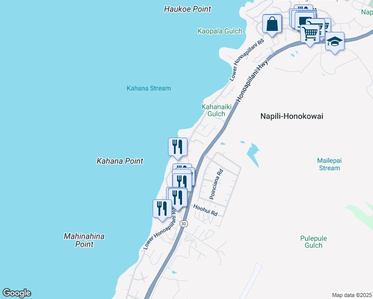 map of restaurants, bars, coffee shops, grocery stores, and more near Lower Honoapiilani Road in Lahaina