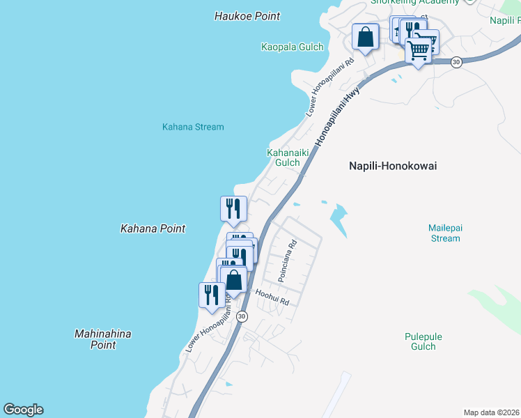 map of restaurants, bars, coffee shops, grocery stores, and more near 4560 Lower Honoapiilani Road in Lahaina