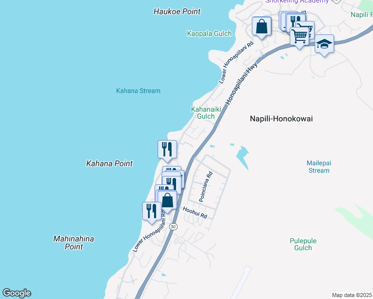 map of restaurants, bars, coffee shops, grocery stores, and more near 4570 Lower Honoapiilani Road in Lahaina