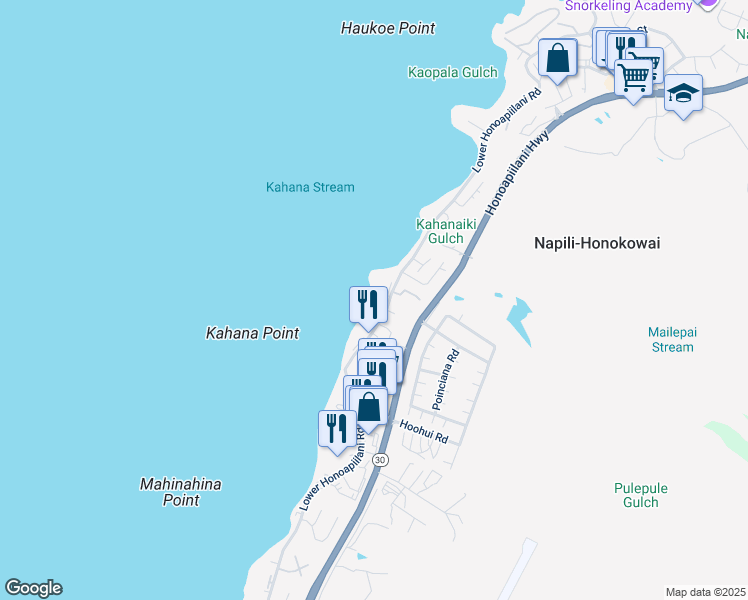 map of restaurants, bars, coffee shops, grocery stores, and more near 4531 Lower Honoapiilani Road in Lahaina