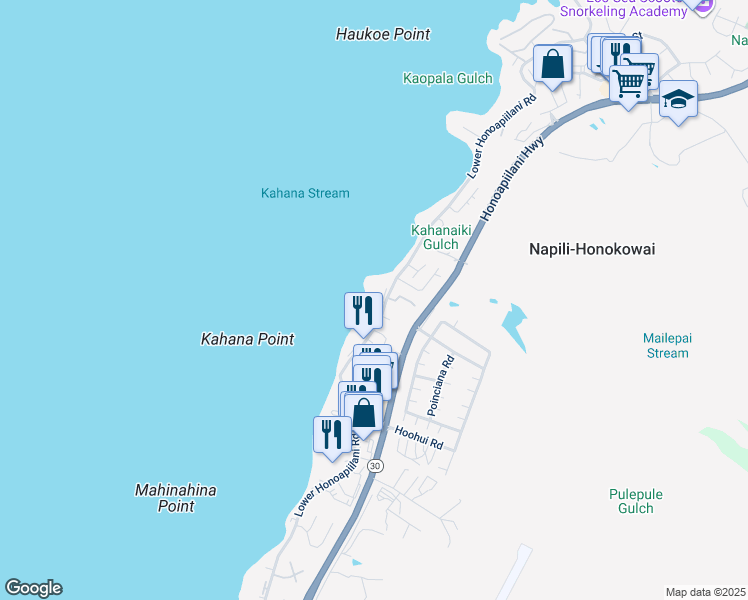 map of restaurants, bars, coffee shops, grocery stores, and more near 4531 Lower Honoapiilani Road in Lahaina