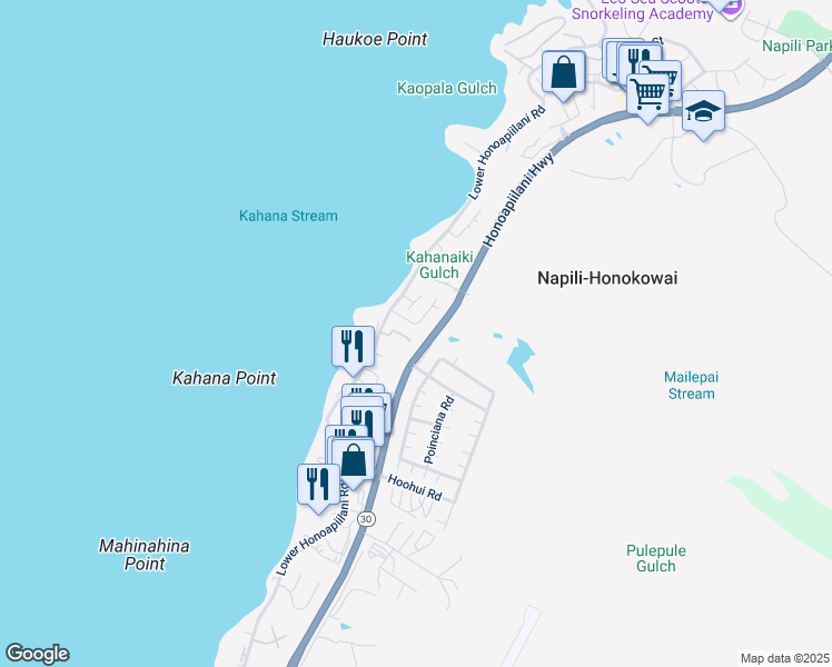 map of restaurants, bars, coffee shops, grocery stores, and more near 53 Hua Nui Place in Lahaina