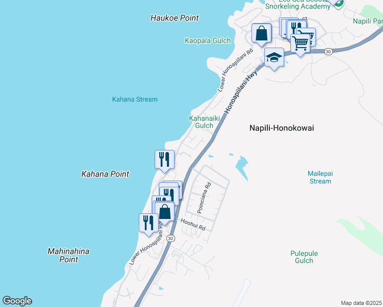 map of restaurants, bars, coffee shops, grocery stores, and more near 47 Hua Nui Place in Lahaina